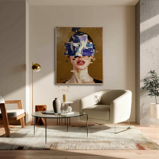 Modern abstract face painting in a sunlit room with a beige armchair, glass coffee table, and concrete architectural details.