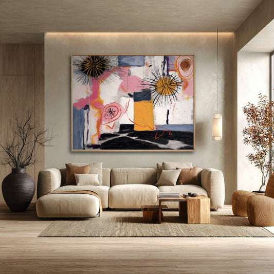 A room pic shows an expressionist deco painting, creating elegant, playful, pop, cute, whimsical, and sophisticated vibes.