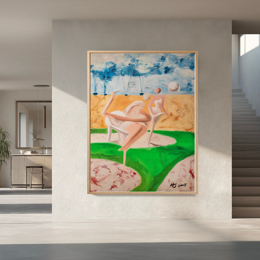 Hand-painted abstract wall art in a minimalist architectural hall. Bright green curves enhance the depth of the spacious, airy vibe.