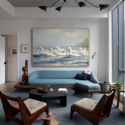 A large horse painting hangs over a blue sofa in a mid-century modern living room with wood-framed chairs.