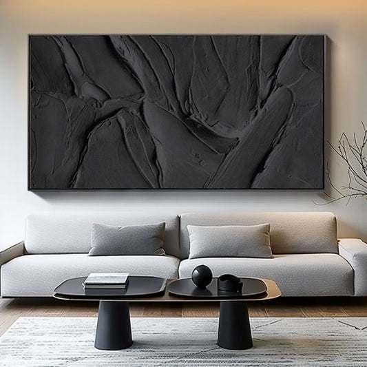 A room pic shows a expressionist calm deco painting, creating natural, minimalist, and sophisticated vibes.
