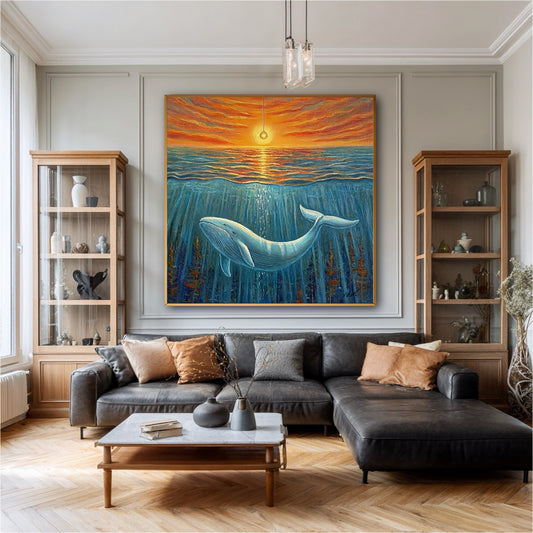 A large, colorful whale painting hangs as a centerpiece in a sophisticated living room with a black leather sofa and wood cabinets.