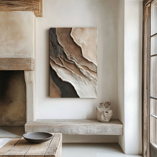 The painting's organic, earthy texture perfectly complements the rustic charm of a farmhouse nook with exposed beams and a rough-hewn bench.