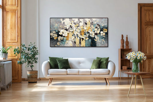 Abstract architectural painting adds depth and color to a sunlit, minimalist reading nook with a teal chair and large houseplant.