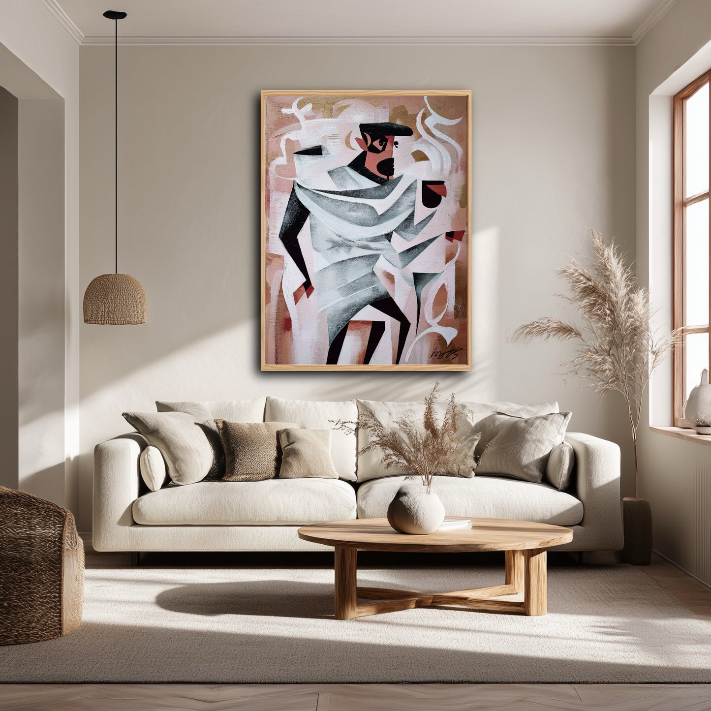 Large geometric art anchors a minimalist living room with a beige sofa. Neutral modern canvas complements the pendant lighting.