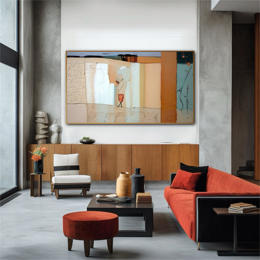 A large, textured abstract painting hangs on a tall concrete wall above a wood credenza in a modern, minimalist living room.