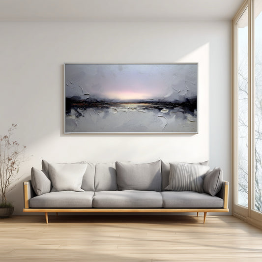 A room pic shows a minimalist elegant deco painting, creating sophisticated, calm, romantic, and futuristic vibes.