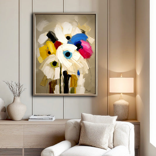 Original abstract floral art in a cozy reading nook. Warm neutral lighting and soft textures create a serene, calming retreat.