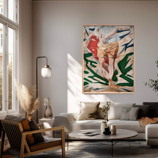 Original expressionist golf art in a sunlit living space. Green strokes complement the organic dried grass and grey sofa.