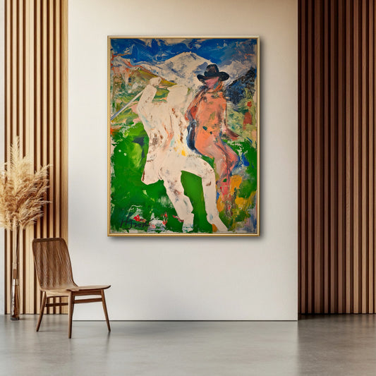 Hand-painted mountain golf canvas in a modern wood-slat room. Cold blue and green hues contrast against the warm timber wall.