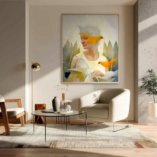 Surreal bird portrait canvas in a sunlit minimal living room. Modern beige armchair decor. Warm yellow art complements light.