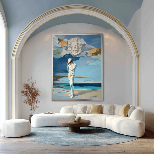 Large coastal oil painting in luxury living room. Blue and gold tones complement the white curved sofa and arched wall design.
