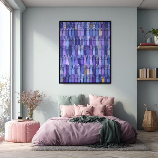 Deep indigo/violet bunny painting provides dramatic contrast to the light blue walls and pastel pink bedding in a modern bedroom.