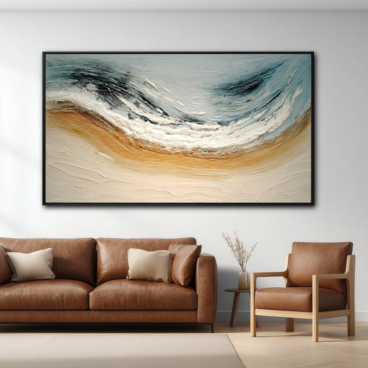 The abstract ocean painting's dynamic flow and earthy gold tones perfectly balance the rich brown leather sofa in this modern, neutral room.