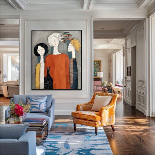 Figurative art for a modern living room. A large focal point for a sophisticated space with a blend of soft and vibrant colors.
