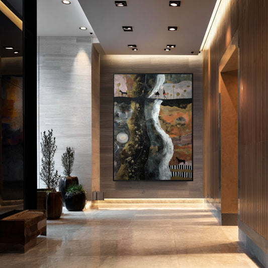 Abstract landscape art with gold accents creates a dramatic focus in the luxurious marble-tiled and paneled high-end hallway.