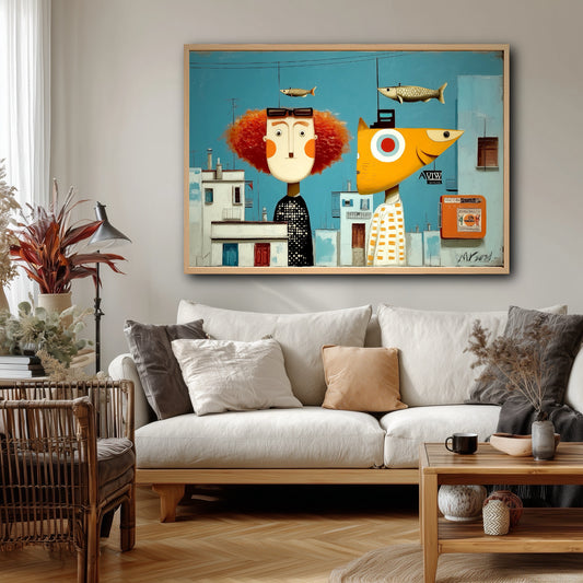 Large blue surrealist painting above a white sofa, harmonizing with warm wood floors and neutral coastal decor.