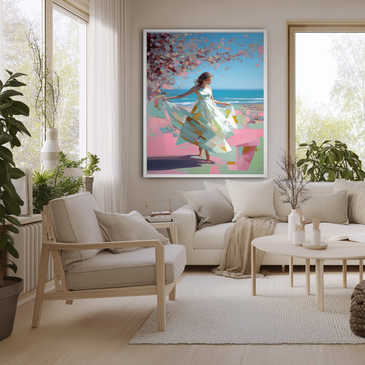 Framed painting of a woman by the sea in a bright, minimalist living room with light wood furniture and indoor plants.