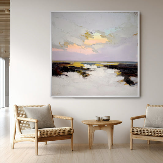 A room pic shows an abstract, sophisticated deco painting, creating elegant, cozy, romantic, and natural vibes.