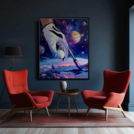 Cosmic golf painting in moody lounge. Deep blue hues blend with dark walls and red armchairs for a bold, dramatic interior style.