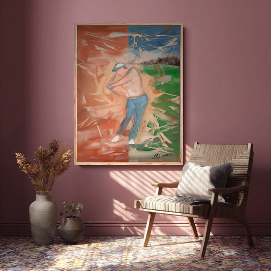 Original split-color golf painting on a dusty pink wall. Warm rust art tones harmonize with the eclectic boho rug and chair.