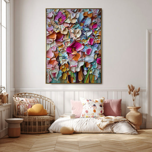 Colorful abstract art adds playful energy and warm tones, harmonizing with the rattan chair and cozy, pink-accented bedroom nook.