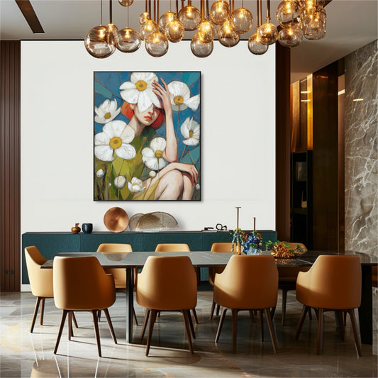 Figurative floral artwork elevates a luxurious contemporary dining room; the cool blue background contrasts beautifully with warm mustard chairs and marble finishes.