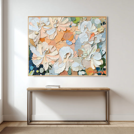 Dynamic abstract art serves as a vibrant focal point above the sleek, minimalist wood and metal console in a bright hallway.