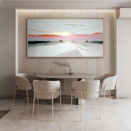 The textured sunset boat painting elevates an elegant dining room, mounted on a fluted wall above a modern table and chairs.