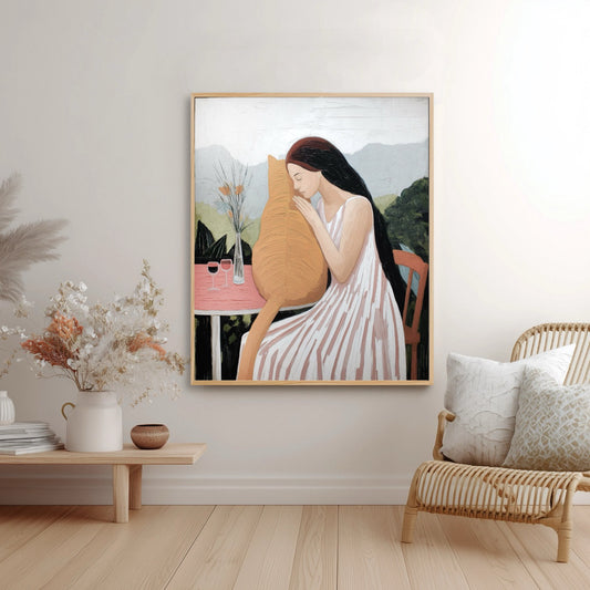 Original oil painting elevates a bohemian interior. Rattan furniture, dried florals, and a warm, natural wood floor create a cozy feel.