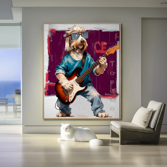 A whimsical dog guitarist painting adds humor to a minimalist room, especially with a live white cat lounging on the floor beneath it.