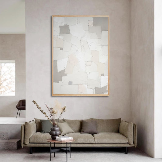 A room pic shows a minimalist deco painting, creating vintage, elegant, calm, cozy, sophisticated, and romantic vibes.