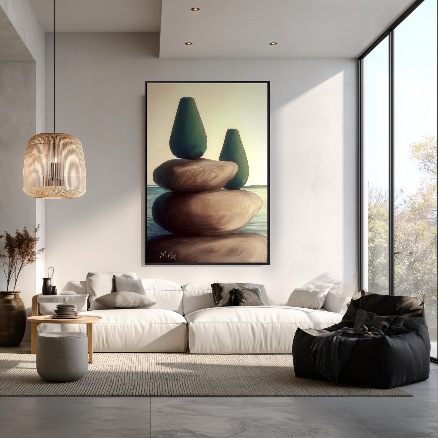 Minimalist stone art enhances the organic, relaxing vibe of a sun-drenched lounge with a textured rattan pendant lamp.