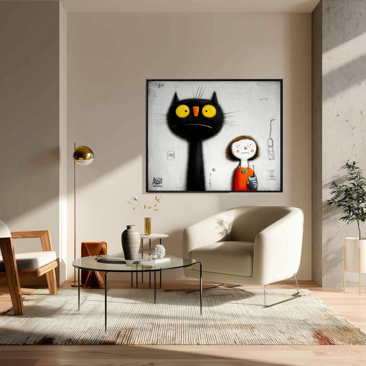 A whimsical black cat painting adds a playful, modern contrast to an elegant living room with a beige armchair and glass coffee table.