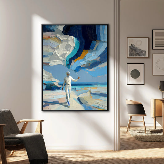 Abstract figure painting in Scandinavian home. Textured blue art adds color depth to neutral grey chair and wood decor.