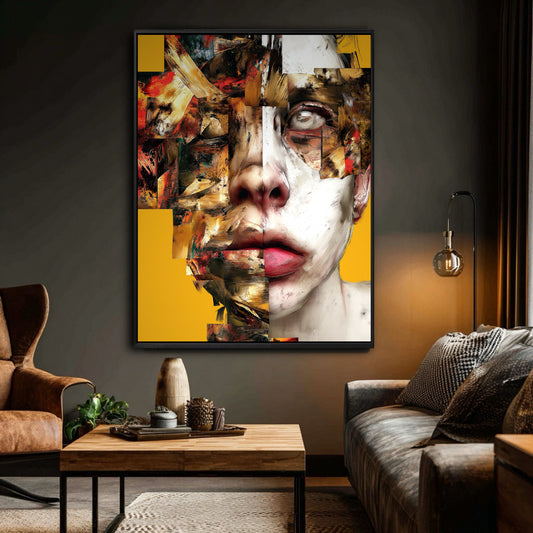 A large, yellow abstract face painting hangs on a dark gray wall in a moody living room, above a wooden coffee table and gray sofa.