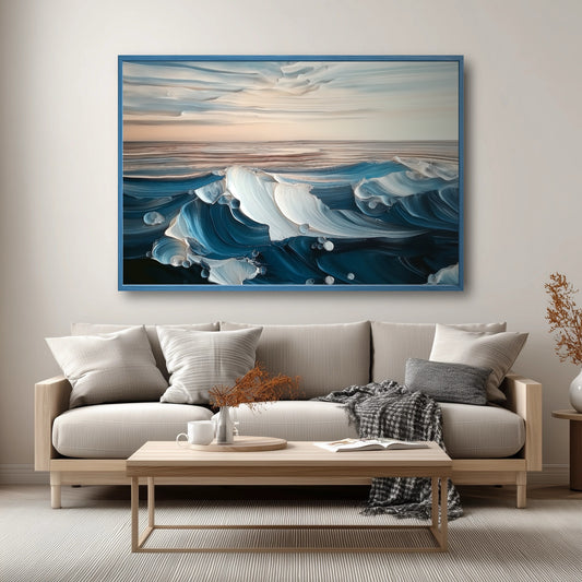 A blue impasto wave painting hangs above a beige sofa in a cozy, Scandinavian-style living room.