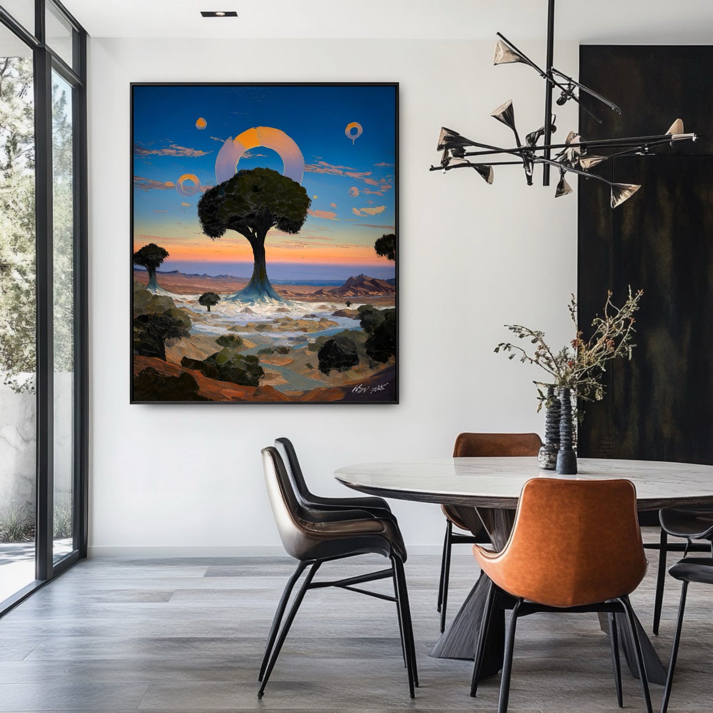 Original surreal tree art in a modern dining room. Warm orange tones in the painting match leather chairs and marble elegance.