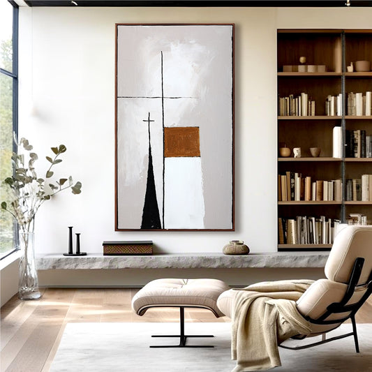 A room pic shows a minimalist deco painting, creating elegant, sophisticated, calm, vintage, and whimsical vibes.