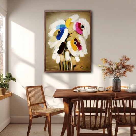 Textured flower painting anchoring a rustic dining space. Sunlight hits wood furniture and dried botanicals for a warm vibe.