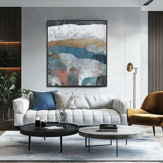 Bold abstract painting with gold accents elevates the luxurious white sofa and dark, high-end, modern living room design.