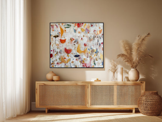 Vibrant original abstract floral art displayed over a rattan console, complementing the warm beige walls and pampas grass decor.