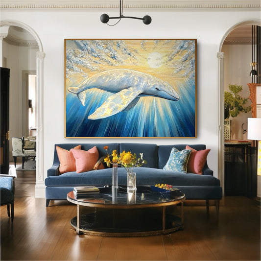 A large, bright whale painting hangs in a formal living room above a blue velvet sofa, between two classic white archways.