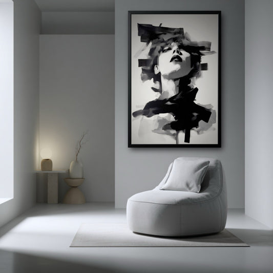 Large framed abstract portrait in a stark, minimalist white room with a single round, soft lounge chair.