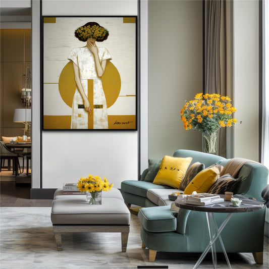 Textured portrait art with a floral crown. Modern living room decor in a neutral palette with yellow accents. Focal point wall art.