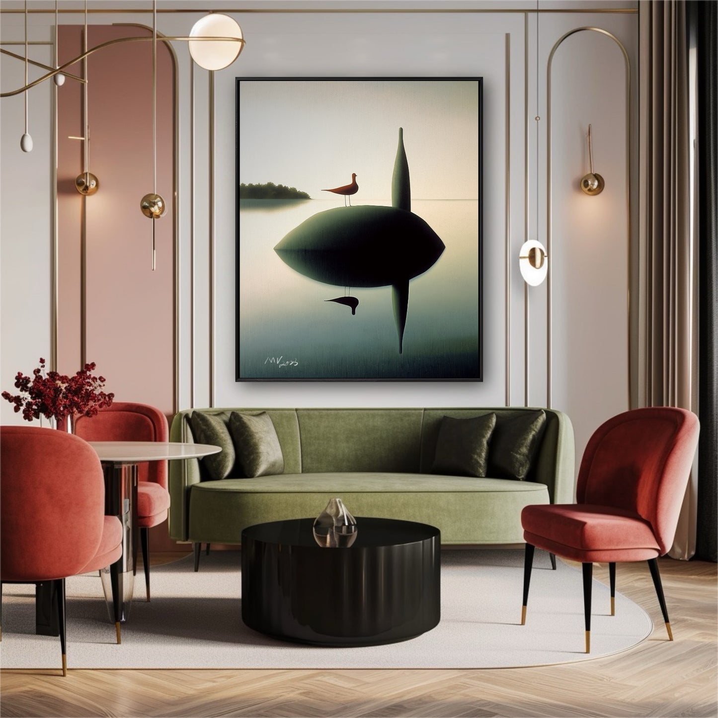 Deep green bird art complements a sage velvet sofa and terracotta accent chairs in a sophisticated, color-blocked lounge.