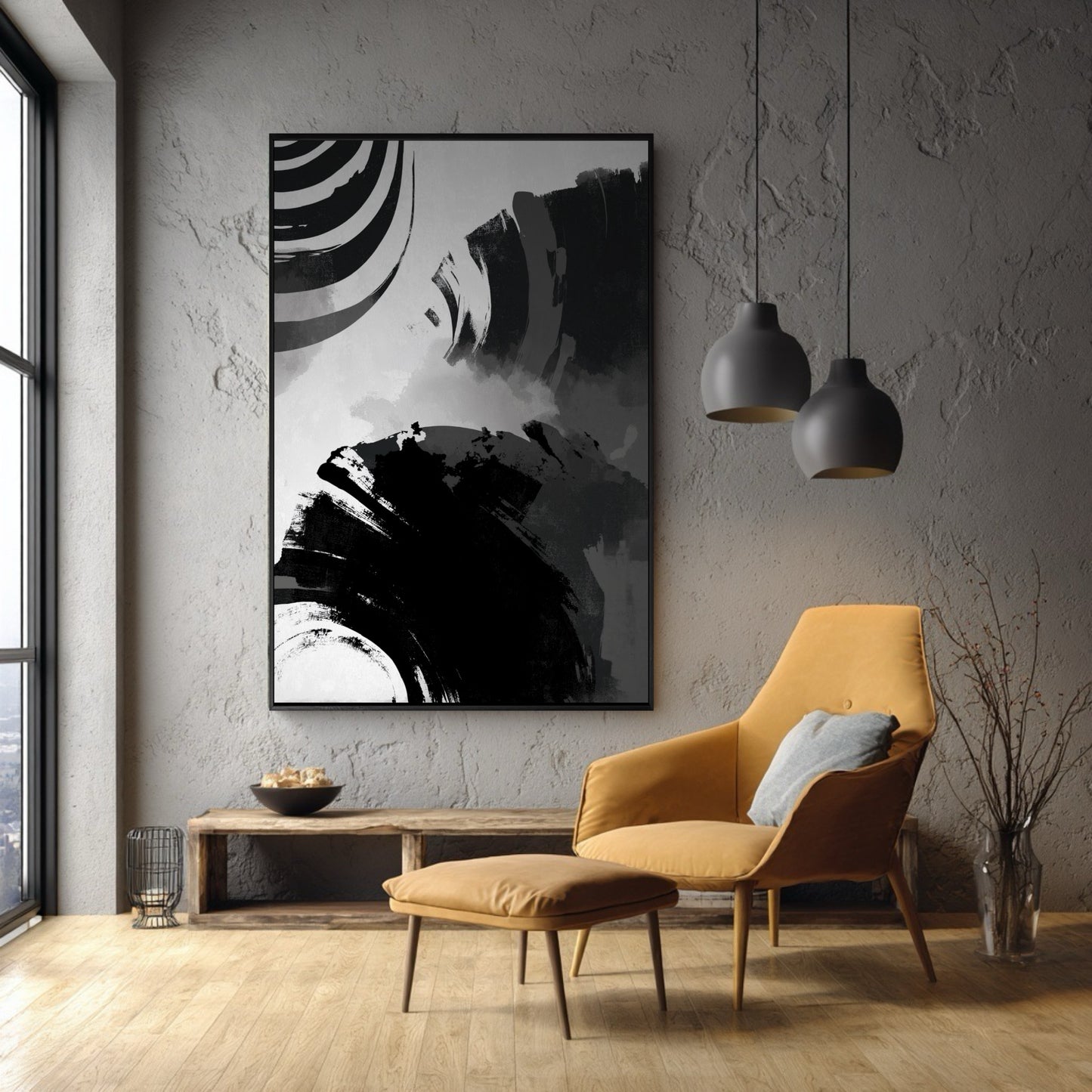 Vertical black and white abstract art on a concrete wall behind a mustard yellow armchair in a modern reading nook.