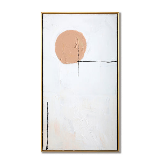 A cozy minimalist hand-drawn oil painting: a vertical sun forest landscape in rustic strokes, warm, and white tones.						