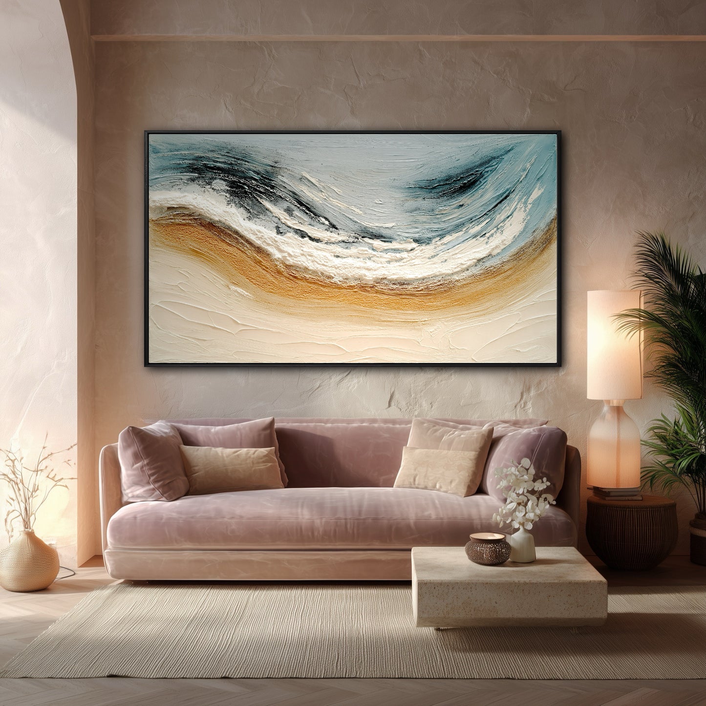 The rich impasto of the large coastal painting complements the textured plaster walls in this warm, eclectic room with a plush pink sofa.