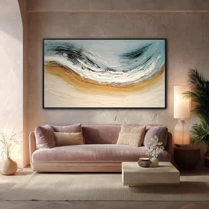 The rich impasto of the large coastal painting complements the textured plaster walls in this warm, eclectic room with a plush pink sofa.